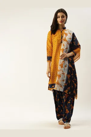 Rajnandini Mustard Yellow & Navy Blue Cotton Blend Printed Unstitched Dress Material