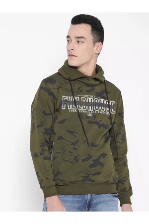 Duke Men Olive Green & White Printed Hooded Sweatshirt