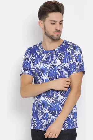 Hangup Men Blue & White Tropical Print Round Neck T-shirt