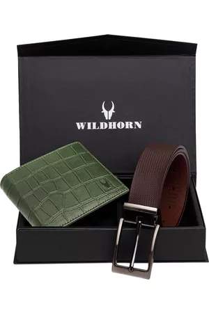 WildHorn Men Green & Brown RFID Protected Genuine Leather Accessory Gift Set