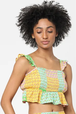 ONLY Yellow & Turquoise Blue Floral Print Cinched Waist Top