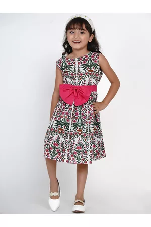 Bhama Girls White Printed Fit and Flare Dress