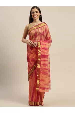 Jaipur Peach-Coloured & Gold-Toned Shibori Tie and Dye Saree