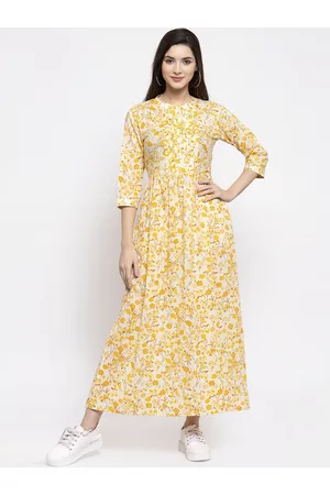 INDIBELLE Women Yellow & White Printed Fit and Flare Dress