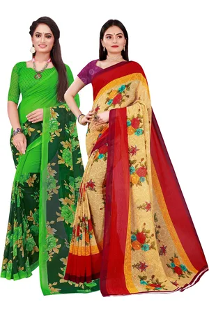 Kalini Pack Of 2 Women Beige & Green Printed Pure Georgette Saree With Unstitched Blouse