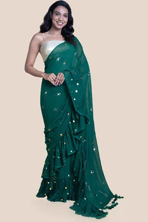 Mulmul Cotton Green Saree With Sequins|Evergreen Star|Suta