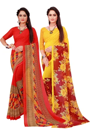 Kalini Red & Yellow Floral Printed Pure Georgette Saree Pack Of 2