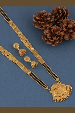 Brandsoon Gold-Plated Black Beaded Mangalsutra With Earrings