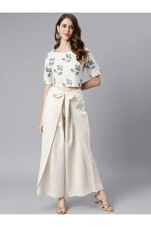 Janasya Women White & Light Beige Printed Crop Top with Draped Palazzos