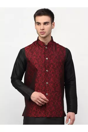 Jompers Men Maroon & Black Woven Design Nehru Jacket