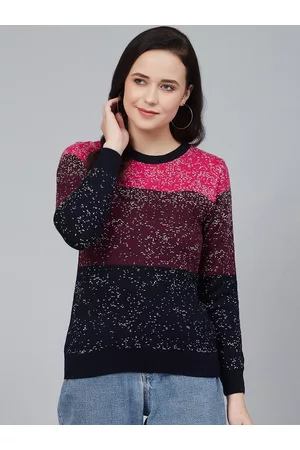 Cayman Women Navy Blue & Maroon Colourblocked Pullover Acrylic Sweater