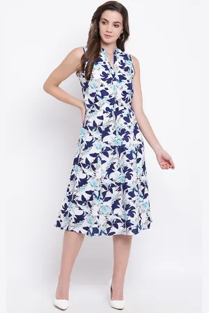 Deewa Women White & Blue Floral Print A-Line Dress