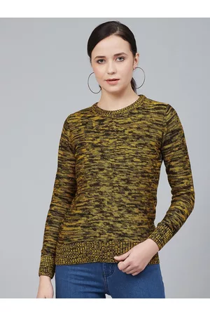 Cayman Women Mustard Yellow & Black Self Design Acrylic Pullover