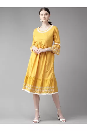 Bhama Couture Bell Sleeve Lace Detail A-Line Midi Dress