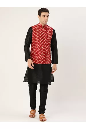 SOJANYA Men Black & Red Solid Kurta with Churidar & Nehru Jacket
