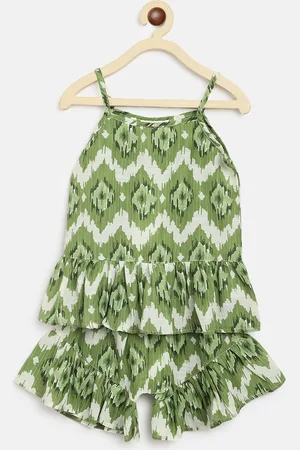 am ma Girls Green & White Printed Top with Shorts