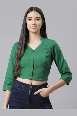 Ayaany Green Solid Pure Cotton Mandarin Collar Crop Top