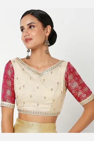 SALWAR STUDIO Women Beige & Pink Oraganza Embroidered Readymade Saree Blouse