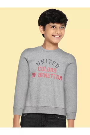 Benetton Boys Grey Melange & Red Brand Logo Printed Sweatshirt