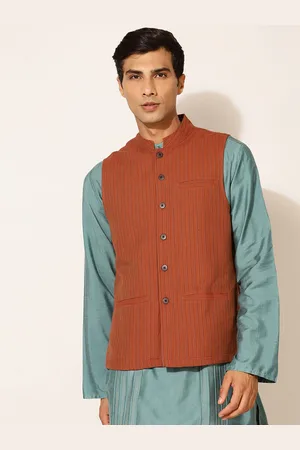 Fabindia Men Orange Woven Design Pure Cotton Nehru Jackets