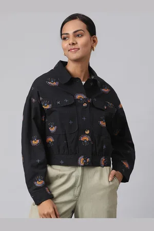 Fabindia Black Printed Crop Denim Jacket