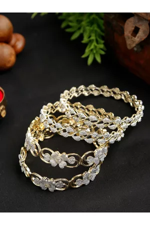 YouBella Set of 4 Silver-Toned Gold-Plated Stone Studded Floral Patterned Bangles