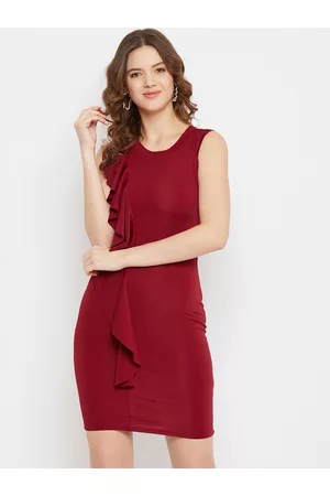 U&F Women Maroon Solid Bodycon Dress
