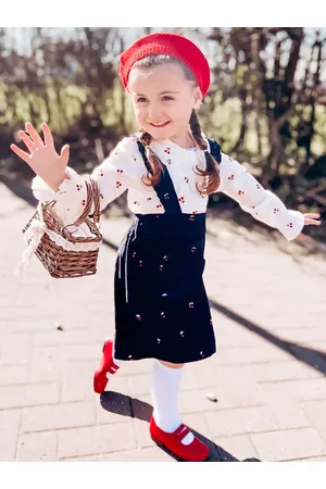 Cherry Crumble Girls Navy Blue Corduroy Cherry Embroidered Pinafore Dress