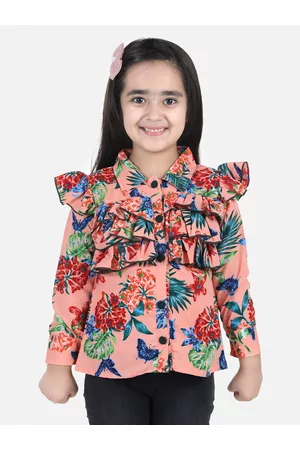 Cutiekins Girls Coral & Green Floral Crepe Shirt Style Top