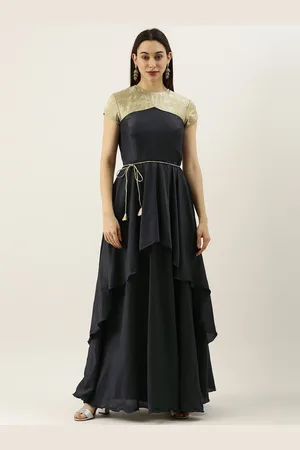 Ethnovog Women Black Green Solid Made To Measure Layered Maxi Dress