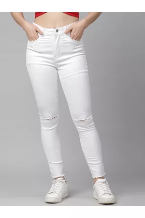 KASSUALLY Women White Skinny Fit Mid-Rise Slash Knee Jeans