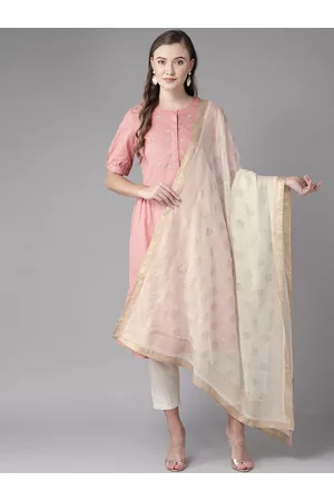 anayna Off-White & Golden Kota Doriya Block Printed Dupatta