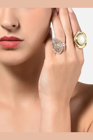 Ami Set Of 2 Gold-Plated & White Stone-Studded Adjustable Finger Rings
