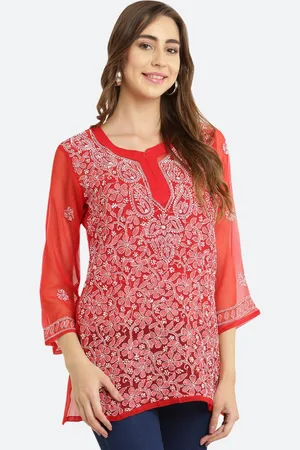 FAWOMENT Red Floral Embroidered Chikankari Kurti