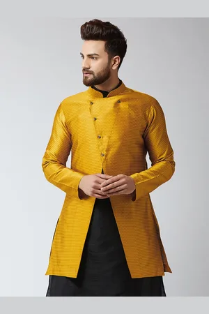 SOJANYA Mens Mustard Woven Design Sherwani Jacket