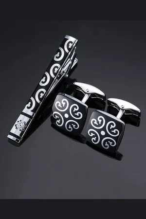 Yellow Chimes Black & Silver-Toned Geometric Print Cufflink