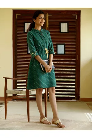 AURELIA Green Printed Pure Cotton A-Line Dress