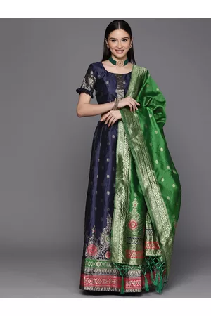Mitera Women Navy Blue & Gold-Toned Semi-Stitched Lehenga Unstitched Blouse & Dupatta