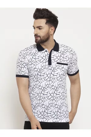 WILD WEST Men White & Black Printed Polo Collar T-shirt