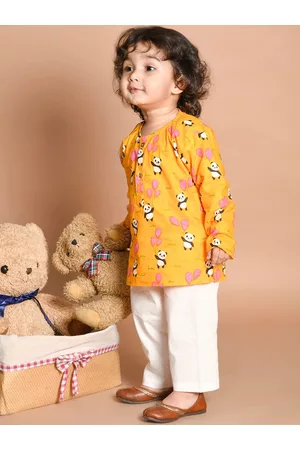 LIL PITAARA 20789986 Unisex Kids Yellow Printed Pure Cotton Kurta with Pyjamas