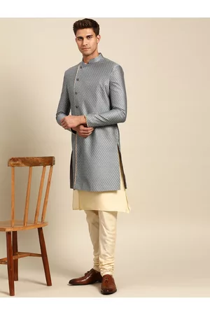 KISAH Men Navy Woven Design Kurta Sherwani Set