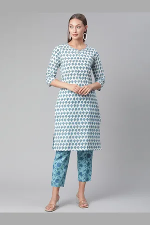 Divena World Women White & Blue Ethnic Motifs Printed Pure Cotton Kurta With Trousers