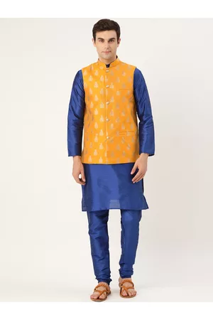 SOJANYA Men Blue & Mustard Yellow Solid Kurta with Churidar & Nehru Jacket