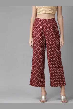anayna Women Maroon Checked Wide Leg Palazzo