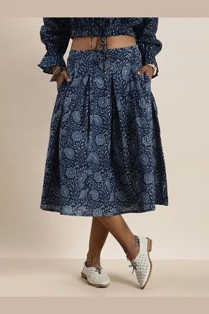 Taavi Women Blue & White Indigo Print Flared Sustainable Skirt with Gathers With Pocket