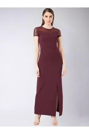 Miss Chase Women Maroon Solid Sequinned Detail Maxi Dress