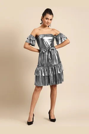 DODO & MOA Women Silver-Toned Off-Shoulder Dress