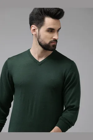 Arrow Men Dark Green Solid V-Neck Pullover Sweater