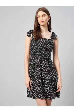 Rare Fashion Black Floral Printed Shoulder Straps Smocked Fit & Flare Dress