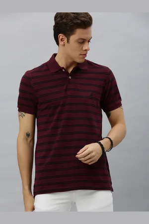 Nautica Men Burgundy & Navy Blue Striped Polo Collar Pure Cotton Slim Fit T-shirt